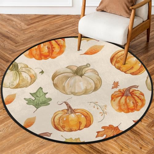 Autumn Pumpkin Leaves Round Area Rug 3Ft Thanksgiving Harvest Circle Carpet - color: Pumpkin Leaves, size: 3 ft