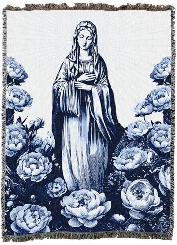 Pure Country Weavers Blue Floral Mary Blanket - Religious Gift Tapestry Throw Woven from Cotton - Made in The USA (72x54) - color: Blue Floral Mary, size: 72x54