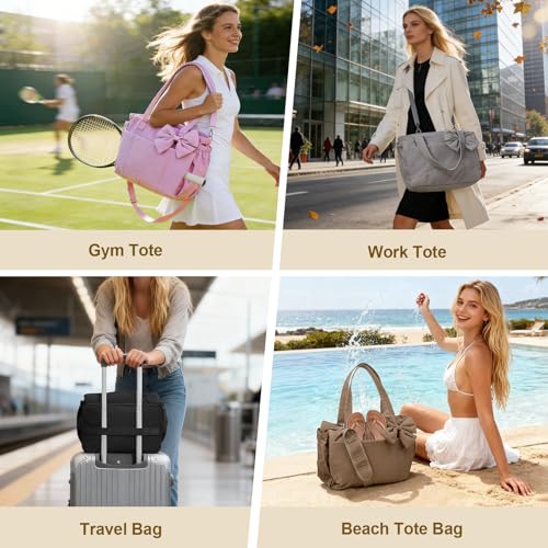 Gosect Women’s Crush Bow Puffer Tote Bag, Water Resistant Laptop Travel Yoga Work Bag - color: Khaki