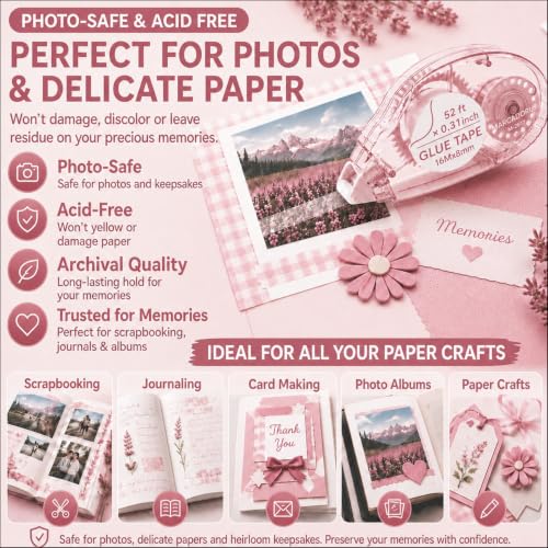 MARCADORUS Glue Tape Roller, Double Sided Tape Scrapbook 4 Pack Extra Long | 52Ft x 0.31In Per Roller, Clean Adhesive for Photos, Scrapbooking, Journaling, Card Making, Paper Crafts & Teacher Supplies - size: 52.5 Ft x 0.31 In : 4 Pack