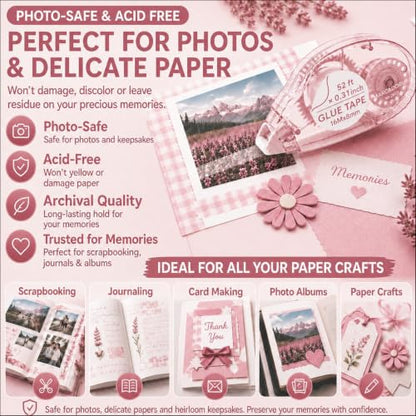 MARCADORUS Glue Tape Roller, Double Sided Tape Scrapbook 4 Pack Extra Long | 52Ft x 0.31In Per Roller, Clean Adhesive for Photos, Scrapbooking, Journaling, Card Making, Paper Crafts & Teacher Supplies - size: 52.5 Ft x 0.31 In : 4 Pack