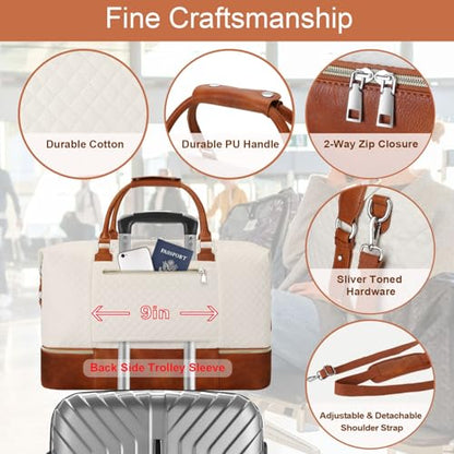ITIEZY Weekender Bag for Women 21.5" Travel Duffel Large Carry On Bag 3PCS | Nylon Duffel Bag with Waterproof Shoe Compartment, Crossbody Bag and Toiletry Bag, Travel Weekend Hospital Overnight Gym Bag - color: 1-Beige