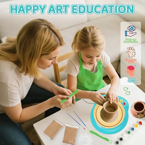 Pottery Wheel for Kids, Complete Kit with Air-Dry Clay, Ages 8-12 | Beginner pottery kit with air-dry clay, 12 paints, clay tools and apron - no kiln needed, screen-free craft gift ages 8-12 - color: Blue
