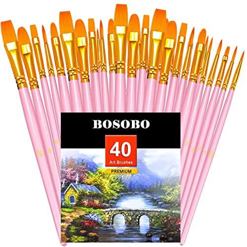 BOSOBO Paint Brushes Set, 4 Pack 40 Pcs Round Pointed Tip Paintbrushes Nylon Hair Artist Acrylic Paint Brushes for Acrylic Oil Watercolor, Face Nail Art, Miniature Detailing & Rock Painting, Pink - color: Pink, size: 4 Pack