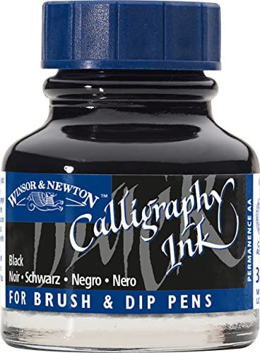 Winsor & Newton Calligraphy Ink, 30ml (1-oz) Bottle, Black | Lightfast Colors, Satin Finish, Thin Inks Suitable for fip-pens, brushes and airbrushes; Opaque Colors for dip-pen or brush - color: Black, size: 1 fl oz