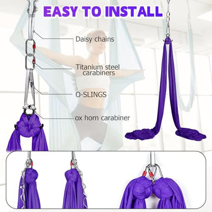 Aerial Silks Kit & Aerial Yoga Hammock - 11Yd Premium Fabric with Hardware - color: Dark Purple