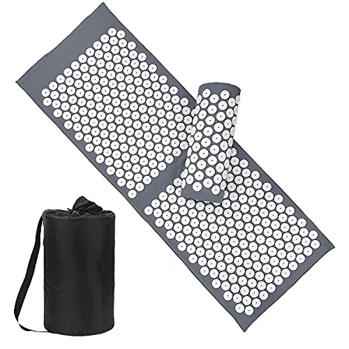 XiaoMaGe 47" Acupressure Mat and Pillow Set with Carry Bag (Gray) | Large acupuncture mat for neck & back pain relief, muscle relaxation, circulation support, and post-workout recovery - color: Gray-large