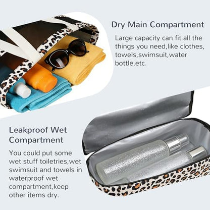 Mesh Tote Beach Bag with Leakproof Wet Compartment - color: Leopard Print