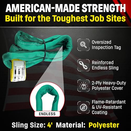 Chenango Supply VR2 4ft Green Endless Round Polyester Rigging Sling | USA Made, Double-Ply Cover, for Lifting & Material Handling, Capacity: 5,300 lb Vertical, 4,240 lb Choker, 10,600 lb Basket - size: 4 ft