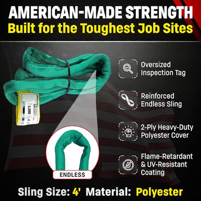 Chenango Supply VR2 4ft Green Endless Round Polyester Rigging Sling | USA Made, Double-Ply Cover, for Lifting & Material Handling, Capacity: 5,300 lb Vertical, 4,240 lb Choker, 10,600 lb Basket - size: 4 ft