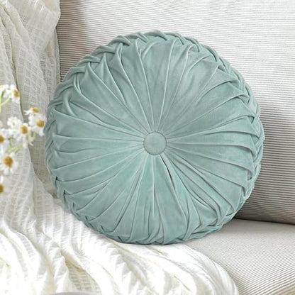HIG Set of 2 Aqua Velvet Decorative Round Pleated Throw Pillows - color: Aqua