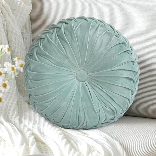 HIG Set of 2 Aqua Velvet Decorative Round Pleated Throw Pillows - color: Aqua