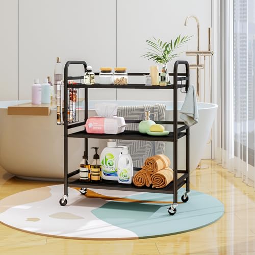 HDANI 3 Tier Metal Rolling Utility Cart,High Capacity Multi Purpose Heavy Duty Cart for Office,Kitchen,Living Room,Bedroom,Black - color: Black, size: Large Solid with Basket