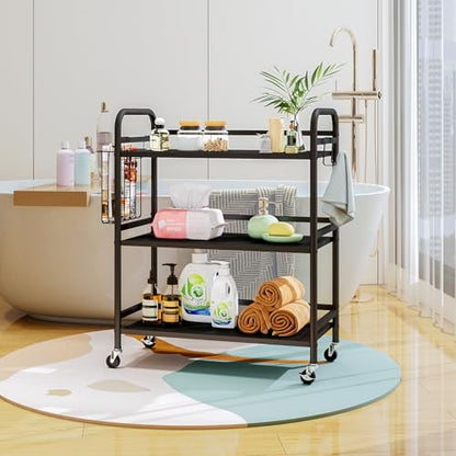 HDANI 3 Tier Metal Rolling Utility Cart,High Capacity Multi Purpose Heavy Duty Cart for Office,Kitchen,Living Room,Bedroom,Black - color: Black, size: Large Solid with Basket