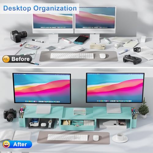 gianotter Dual Monitor Stand Riser With Drawer and 2 Pen Holders - color: Blue