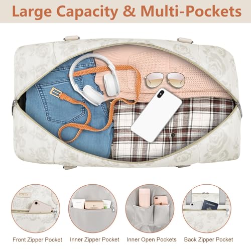 ITIEZY Weekender Bag for Women 21.5" Travel Duffel Large Carry On Bag 3PCS | Nylon Duffel Bag with Waterproof Shoe Compartment, Crossbody Bag and Toiletry Bag, Travel Weekend Hospital Overnight Gym Bag - color: 4-Beige Flower