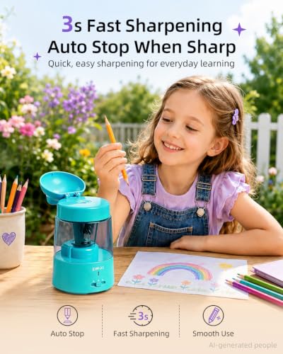 ZMOL Blue Bunny Electric Pencil Sharpener, 6-8mm, Rechargeable, Stickers | Fast Sharpening, Auto Stop,3 Modes for No.2 and Colored Pencils, Quick Charge,Kids Gift, for Home/Classroom/School/Art Studio - color: Blue