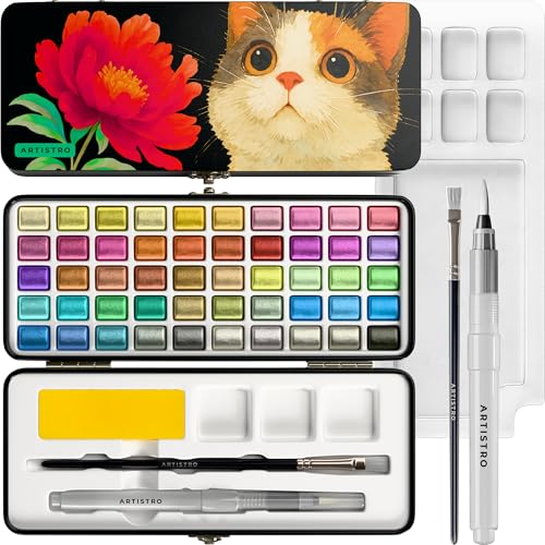 ARTISTRO 50 Metallic Colors Watercolor Paint Set - Portable Paint Set with Palette and Brush Pens - Travel Water Color Kit for Adults, Professionals, Kids - Art and Painting Supplies - Christmas Gift - color: 50 Metallic Colors