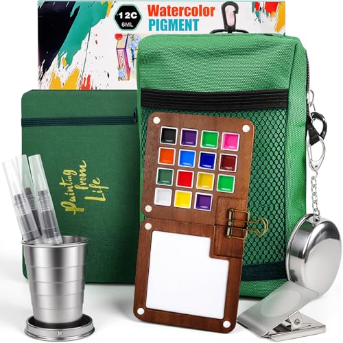 Mini Watercolor Travel Set - All-in-One Pocket Water Color Paint Kit for Artists with Palette, Brush, Cup, Journal & Carry Bag- 12-Color, Portable Paint Palette - color: Green