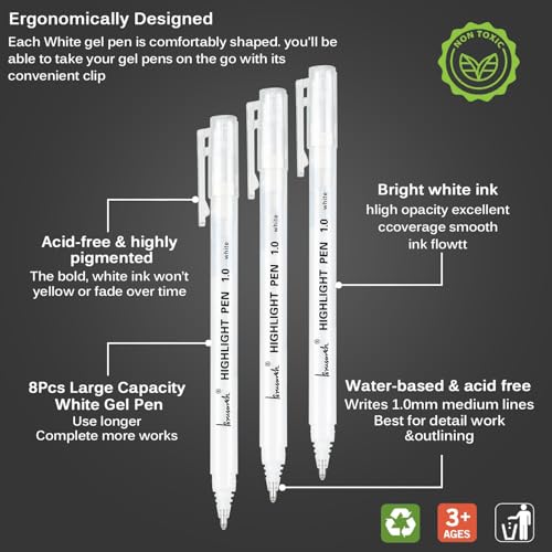 Brusarth White Gel Pens, 1mm Fine Point Opaque Archival Ink Pens | 8 Pack Opaque White Archival Ink Pens for Black Paper Drawing, Sketching, Illustration, Bullet Journaling