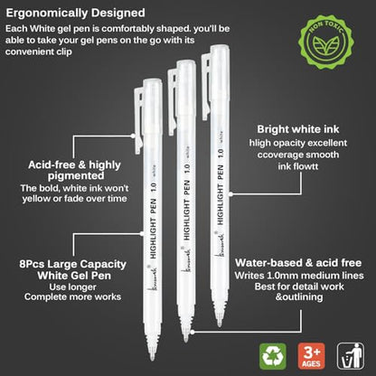 Brusarth White Gel Pens, 1mm Fine Point Opaque Archival Ink Pens | 8 Pack Opaque White Archival Ink Pens for Black Paper Drawing, Sketching, Illustration, Bullet Journaling