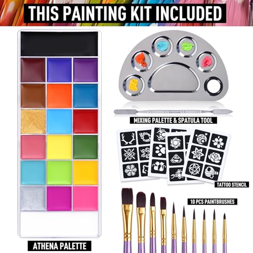 UCANBE Athena Face Body Paint Oil Makeup Set, 20 Colors FX Halloween Party Painting with Stainless Steel Mixing Palette and Spatula Tool,10 pcs Artist Paintbrushes,Tattoo Stencil Arts Crafts kit - color: All in one kit