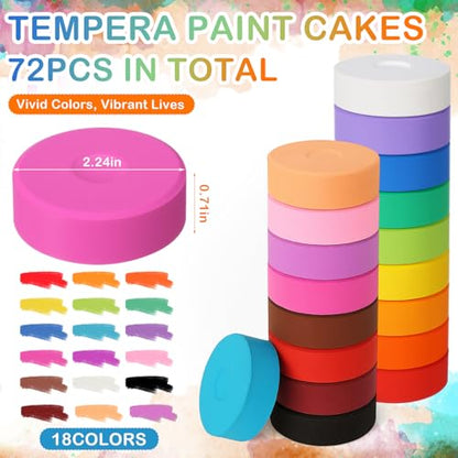 Nuanchu 72 Pcs Tempera Paint Cakes 18 Colors Large Washable Cake Paint 2.24 x 0.71inch Paints Blocks Art Supplies for Classroom Art Painting Drawing