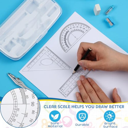 Teling 12 Sets Math Geometry Kit for Students 10 Pcs Compass Geometry Tools Set Includes Rulers Protractor Compass Eraser Pencil Sharpener Lead Refills Pencil (Blue) - color: Blue