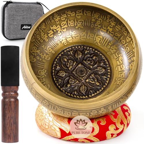 AKLOT HandMade Meditation Singing Bowl: Tibetan Sound Bowl Set with Pure Tone, Sound Bath Bowl with Cushion, Mallet, Carry Bag, Spiritual Gift for Chakra Clearing, Yoga, Prayer, Relaxation (5 Inch) - color: 5 inch Buddha