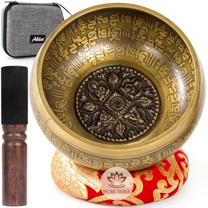 AKLOT HandMade Meditation Singing Bowl: Tibetan Sound Bowl Set with Pure Tone, Sound Bath Bowl with Cushion, Mallet, Carry Bag, Spiritual Gift for Chakra Clearing, Yoga, Prayer, Relaxation (5 Inch) - color: 5 inch Buddha