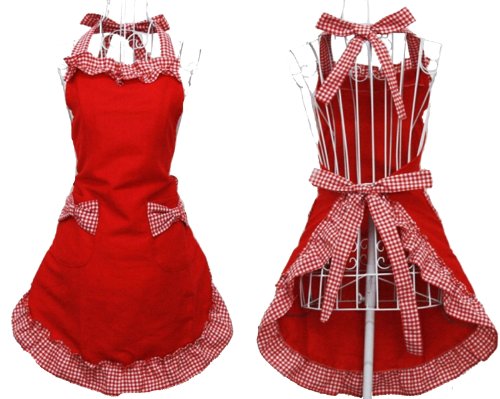 Cute Fashion Cotton Red Aprons for Women Girls Vintage Cooking Retro Apron with Pockets for Mother's day Gift - color: Red