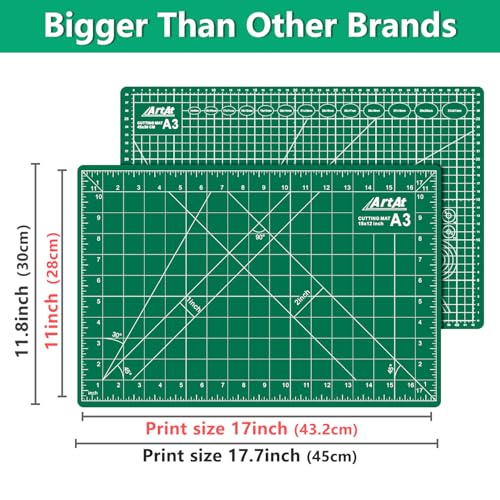 ArtAt Self Healing Cutting Mat: 12″x 18″ Green Double Sided Non-Slip 5 Layers PVC Durable Craft Sewing A3 Mat for Rotary Cutter, Use for Quilting and Scrapbooking and Craft & Art Projects… - color: Green, size: 18"L x 12"W