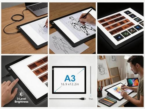 BEONEGLOBAL Letter Size 16.9" × 12.2" A3 Ultra-Thin Light Box for Slide Viewing, LED Copy Board Film Negative Scanning, and Artist Tracing, with 3 Adjustable Bright