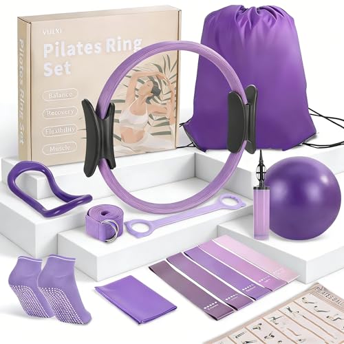 Pilates Kit, Home Pilates Equipment Set with Pilates Ring, Pilates Ball and 5 Resistance Bands, Core Strength Training Workout Kit for Flexibility & Muscle Toning - color: purple