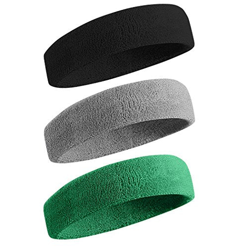 BEACE Sweatbands Sports Headband for Men & Women - Moisture Wicking Athletic Cotton Terry Cloth Sweatband for Tennis, Basketball, Running, Gym, Working Out - color: Black/Gray/Green