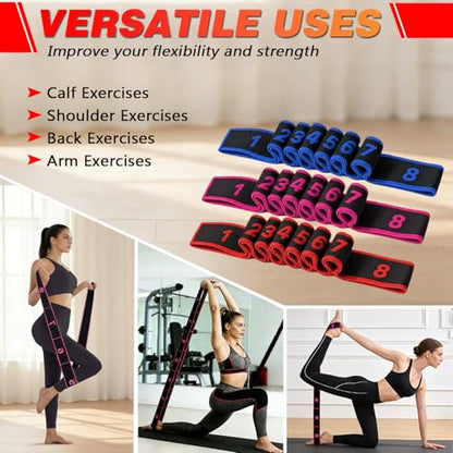 Fitness Stretch Belt, 8 Loop Resistance Band Elastic Training Strap with Numbered Markings for Full Body Workout Physical Therapy, Pilates, Dance & Home Fitness - color: Red Blue Pink