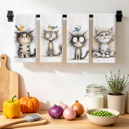 Jztco 4 Pcs Cute Cat Kitchen Towels, Funny Bird Cats Gifts Hand Tea Towel - color: Multi 1563