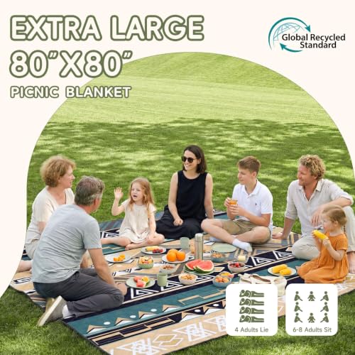 Genovega Waterproof Picnic Blanket Outdoor Camping Beach Mat Rug Extra Large Foldable Car Essential Roadtrip Gadget Accessories Glamping Tent Gear Must Haves Hiking Stuff Backpacking Necessities Gift - color: Boho Green