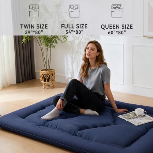 Japanese Floor Mattress,3.5" Thicken Futon Mattress Tatami Mat - color: Navy Blue, size: Twin (80”L × 39“W)