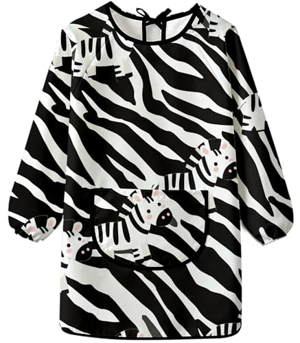 MINIQ Kids Art Smock,Waterproof Painting Apron Artist Smocks with Pocket Long Sleeves - color: Zebra Phantom, size: XXL for Age 5-8