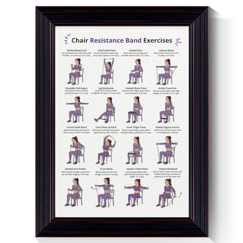 Resistance Band Workout Poster, Chair Resistance Band Exercises Charts for Women, Home Workout Canvas Wall Art, Core Strength Training and Fitness Guide Gym Wall Decor 12x16in Framed - color: Chair Exercises, size: 16"L x 12"W