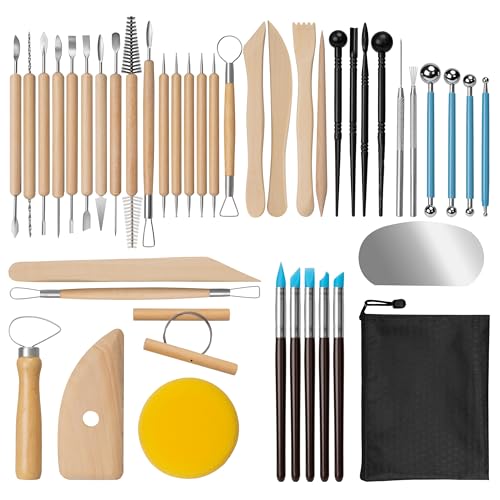 Amrules 43 Pcs Polymer Clay Sculpting Tools Kit for Adults, Light Yellow | Multi-Functional for Carving, Dotting & Molding, Ideal for Art Class & Pottery Studio, Comes with Zipper Storage Bag - color: Lightyellow-43Pcs