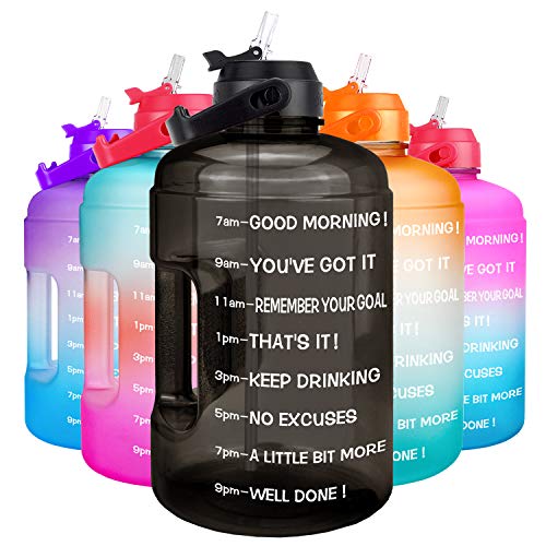 QuiFit 1 Gallon Water Bottle - with Straw & Motivational Time Marker Leak-Proof BPA Free Reusable Gym Sports Outdoor Large(128OZ/73OZ) Capacity Water Jug - color: QFA9 Black, size: 128 Ounces