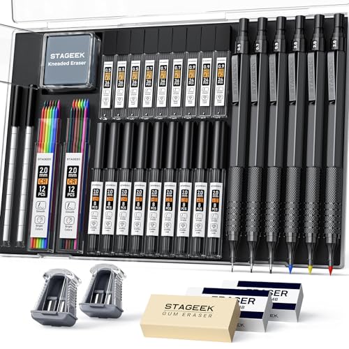 STAGEEK 35PCS Black Art Mechanical Pencil Set in Case，0.5 0.7 0.9 2.0 Graphite Metal Drawing Drafting Pencils, Sharpener Erasers 384PCS Lead Refills (6B 4B 2B HB 2H 4H Colors) for Writing Sketching - color: Black