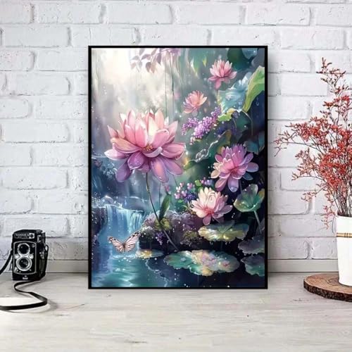 SHICERNHJ 5D Diamond Art Kits for Adults,Lotus Flower Diamond Painting Kits for Beginners,DIY Full Drill Diamond Dots Scenery Paintings with Gem Art Crafts for Adulta Home Decor 12 x 16 inch - color: SH121