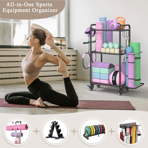 Multi-Functional Home Gym Storage Rack with Wheels and Hooks - color: Black
