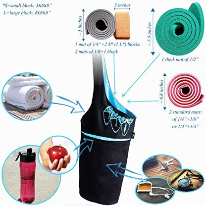 Yoga Mat Bag & Carrier with Pockets for Women - color: Black & Azure Blue