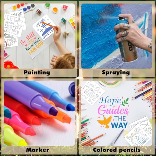 JSRQT 16 Pieces Christian Inspirational Stencils, Bible Verse Motivational Quotes Word Stencils Set, Plastic Reusable Template for Painting DIY Wood Wall Canvas Sign for Home Decoration, 20×20 CM - size: 20*20CM