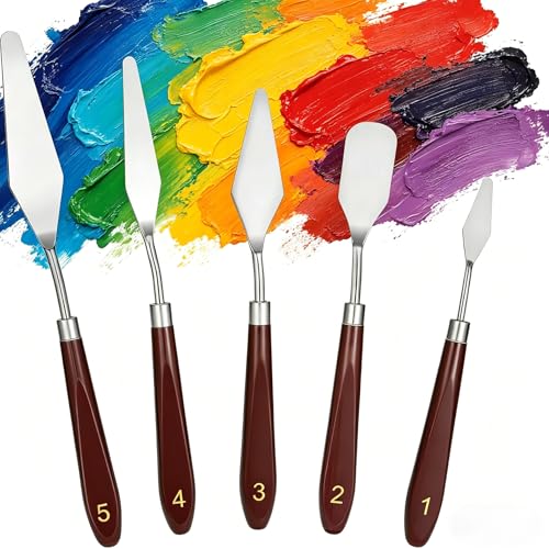 Palette Knife Set 5 Pieces Stainless Steel Painting Knives Art Tools | Wooden Handle Palette Knives for Acrylic Oil Painting Canvas Texture Professional Artist Supplies Cake Decorating - color: Dark Brown