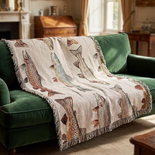 Moukeren 60 x 50 Inch Woven Tapestry Throw Blanket with Colorful Tassel, Rainbow Trout, Great Lakes Trout Fishing Gift, Fly Fishing Gift for Fisherman Dad or Husband - style: Rainbow Trout